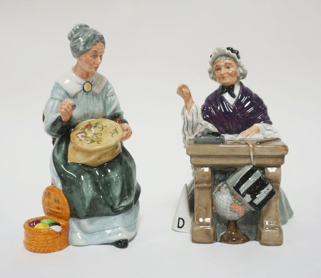 ROYAL DOULTON FIGURES: ROYAL DOULTON FIGURES, SCHOOLMARM, EMBROIDERING, EACH APPROXIMATELY 8 IN HIGH