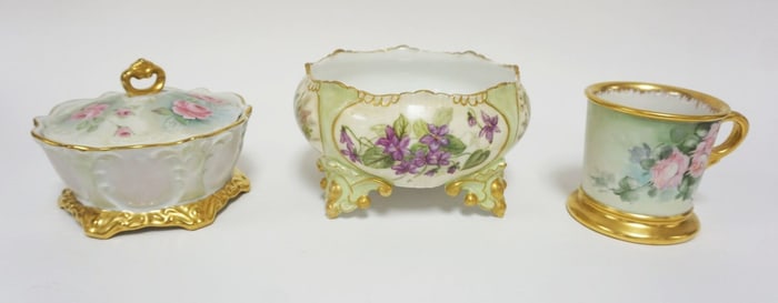 HAND PAINTED LIMOGES FOOTED BOWL, ETC