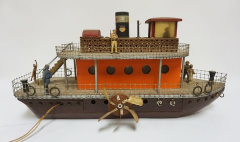 FOLK ART WOOD PADDLE WHEEL BOAT