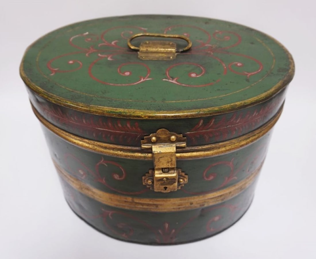 ALFRED HUGHES ANTIQUE ENGLISH TIN TOLE STORAGE BOX: ALFRED HUGHES ANTIQUE ENGLISH TIN TOLE PAINTED HINGED OVAL STORAGE BOX, APPROXIMATELY 18 IN X 15 INX 13 IN HIGH