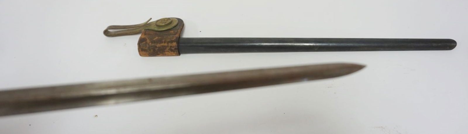 ANTIQUE BAYONET MARKED US: ANTIQUE BAYONET MARKED US ON SCABBARD, POSSIBLY FOR SPRINGFIELD RIFLE, APPROXIMATELY 21 IN LONG