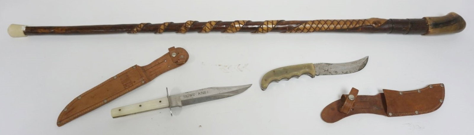 2 KNIFES W/SHEATHS & WALKING STICK: 2 KNIFES W/SHEATHS & WALKING STICK W/CARVED SNAKE, WALKING STICK APPROXIMATELY 37 IN LONG