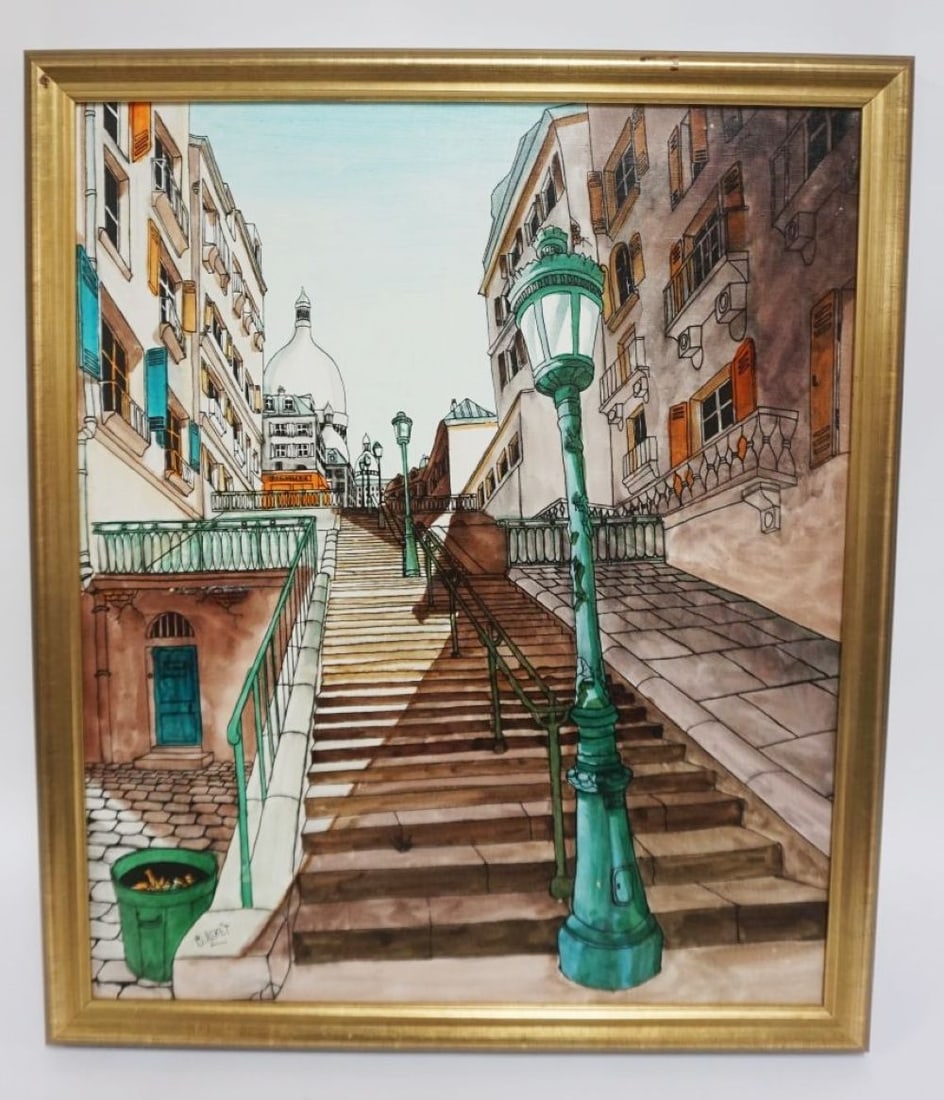 ARTIST SIGNED FRAMED ARTWORK ON CANVAS: ARTIST SIGNED FRAMED ARTWORK ON CANVAS, CONTINENTAL STREET SCENE, APPROXIMATELY 23 IN X 27 IN OVERALL