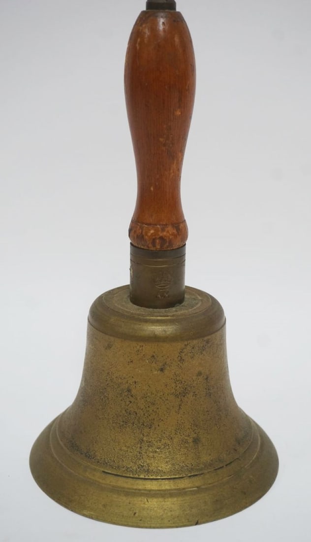 ANTIQUE BRASS SCHOOL BELL: ANTIQUE BRASS SCHOOL BELL, APPROXIMATELY 10 IN HIGH
