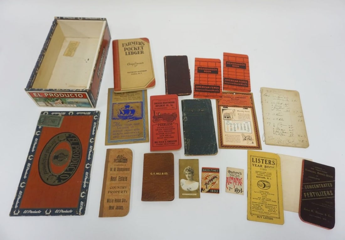 GROUP OF ASSORTED EARLY FARMERS & ADVERTISING: GROUP OF ASSORTED EARLY FARMERS & ADVERTISING POCKET LEDGERS & CALENDARS, JOHN DEERE & PEARLESS STEAM ENGINE