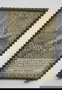 ANTIQUE SMITH & WESSON ADVERTISING POCKET MIRROR: ANTIQUE SMITH & WESSON REVOLVERS ADVERTISING POCKET MIRROR, APPROXIMATELY 3 IN X 5 IN