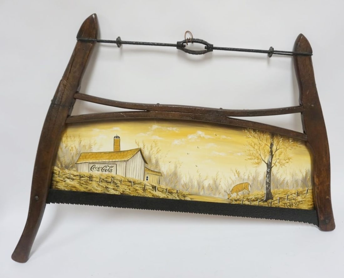 BUCK SAW: BUCK SAW W/HAND PAINTED IMAGE OF A BARN, ARTIST SIGNED, APPROXIMATELY 31 IN X 24 IN