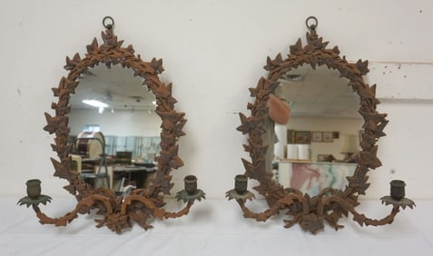 PAIR OF ORNATE CAST METAL MIRRORED WALL SCONCES