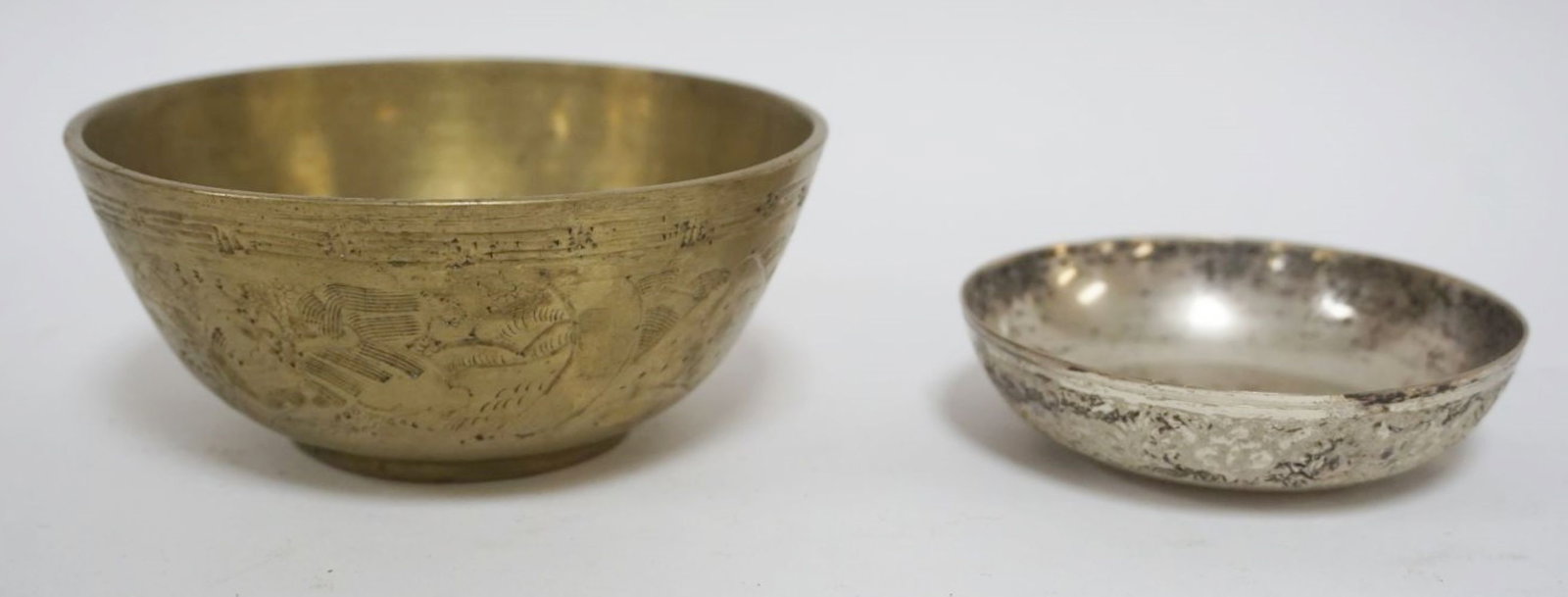 PERSIAN COIN BOWL & TOOLED BRASS BOWL: PERSIAN COIN BOWL & TOOLED BRASS BOWL, LARGEST APPROXIMATELY 2 IN X 5 IN