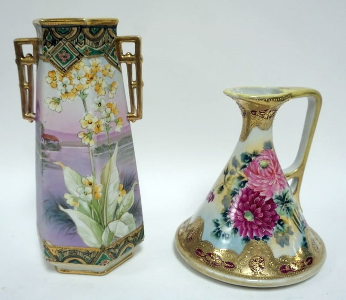 NIPPON PITCHER AND VASE: HAND PAINTED NIPPON PITCHER AND DOUBLE HANDLED VASE, TALLEST APPROXIMATELY 9 1/2 IN H