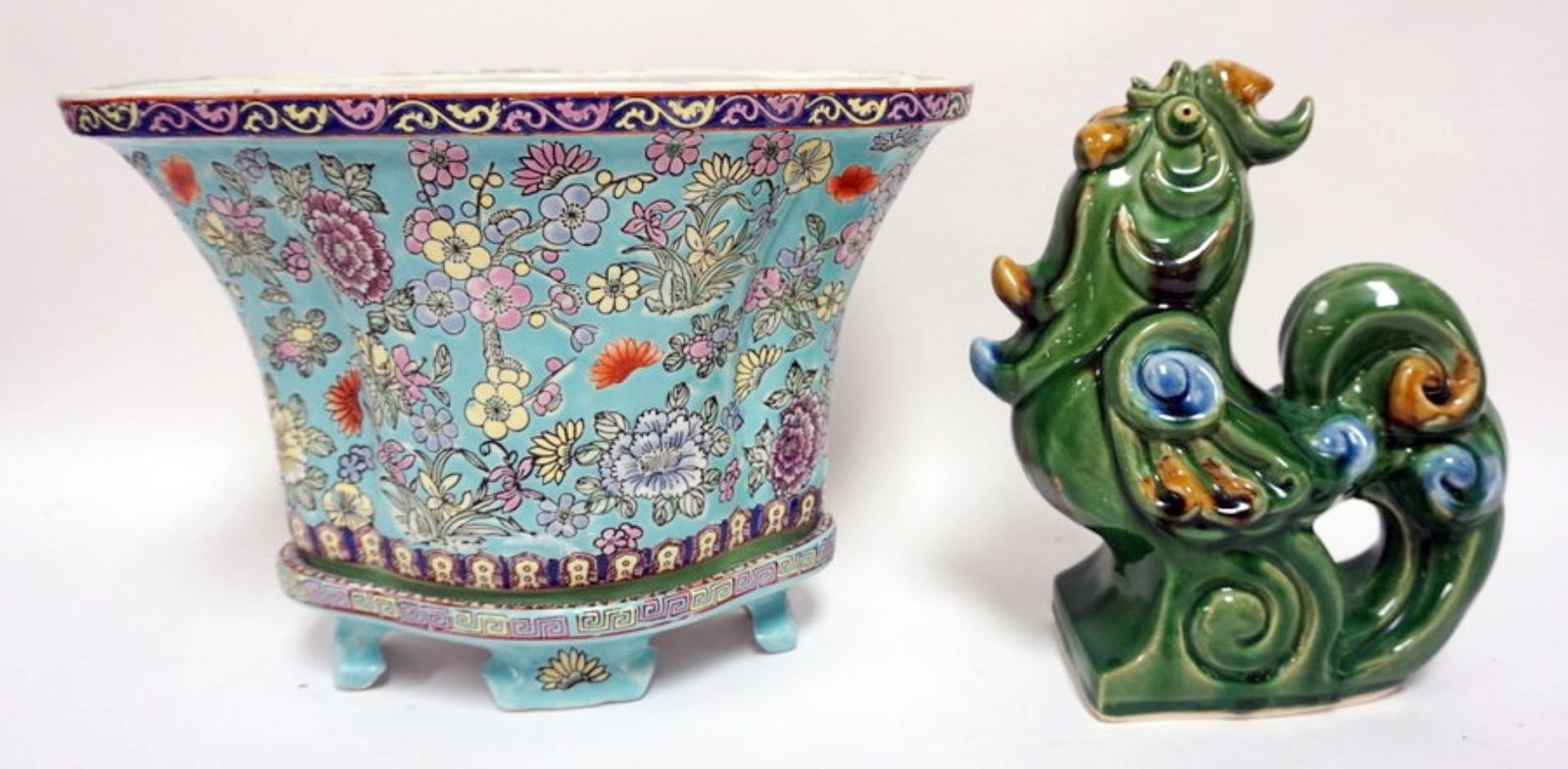 ASIAN POTTERY PLANTER WITH STAND AND ROOSTER: ASIAN POTTERY PLANTER ON POTTERY STAND, APPROXIMATELY 14 IN X 9 IN X 10 IN H AND ROOSTER APPROXIMATELY 11 IN H