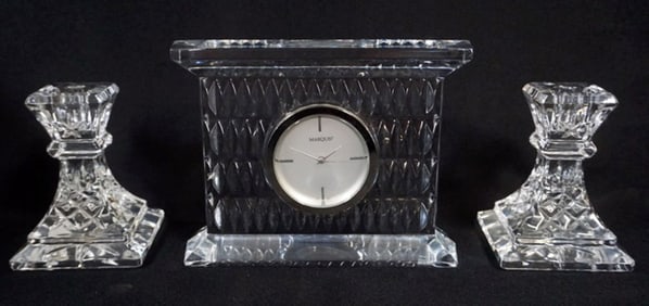 WATERFORD MARQUIS CLOCK AND LISMORE CANDLESTICKS