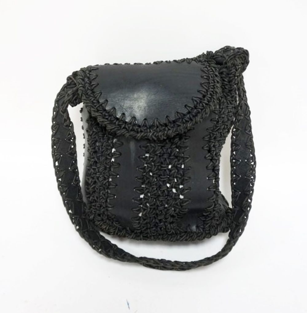 DENNIS BASSO CUSTOM LEATHER BAG PURSE: DENNIS BASSO CROCHET LEATHER PANEL PURSE TOTE BAG,APPROXIMATELY 14 IN X 12 IN