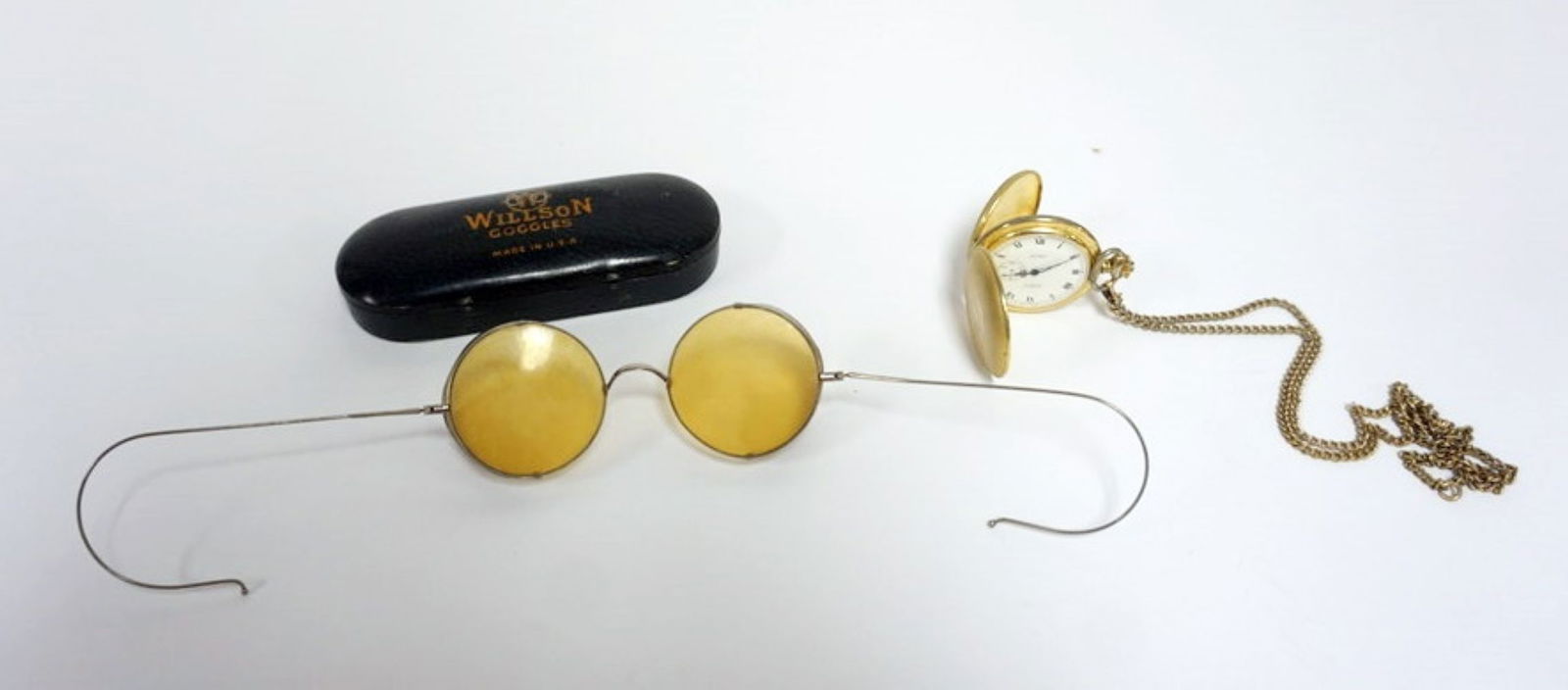 VULCAIN POCKET WATCH AND WILSON GLASSES: VULCAIN 17 JEWEL POCKET WATCH AND WILSON AMBER TINTED SAFETY GLASSES WITH CASE