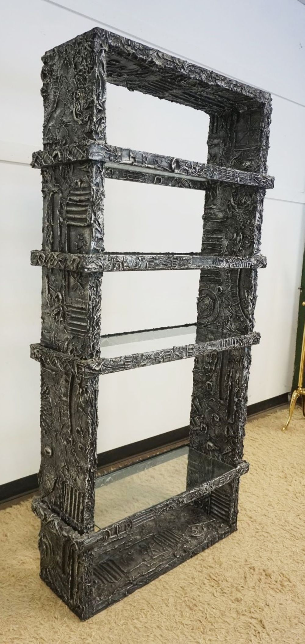 BRUTALIST ADRIAN PEARSALL MCM BOOKSHELF: BRUTALIST ADRIAN PEARSALL TEXTURED MID CENTURY MODERN BOOK SHELF WITH INSET GLASS SHELVES, APPROXIMATELY 41 IN X 14 IN X 82 IN H