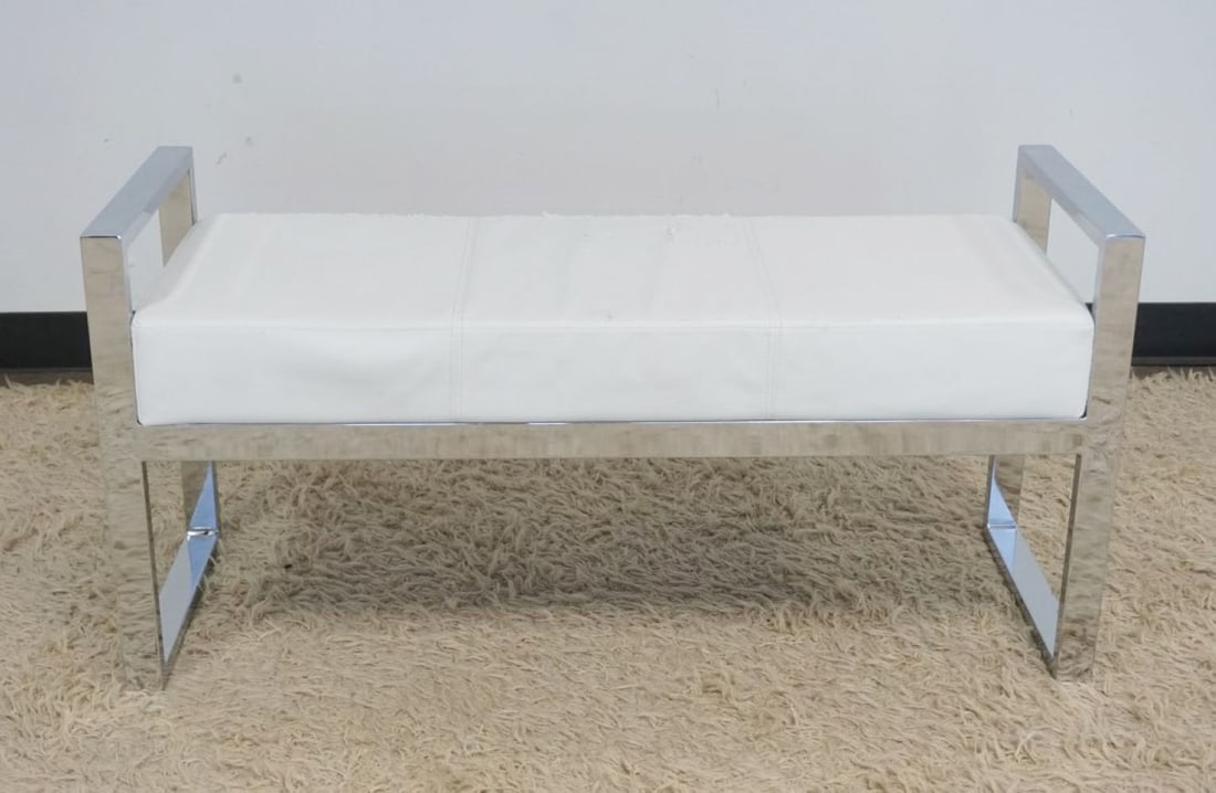 CHROME MODERN STYLE WINDOW BENCH: CHROME MODERN STYLE WINDOW BENCH WITH LEATHER SEAT, LEATHER WORN, APPROXIMATELY 41 IN X 15 IN X 20 IN H