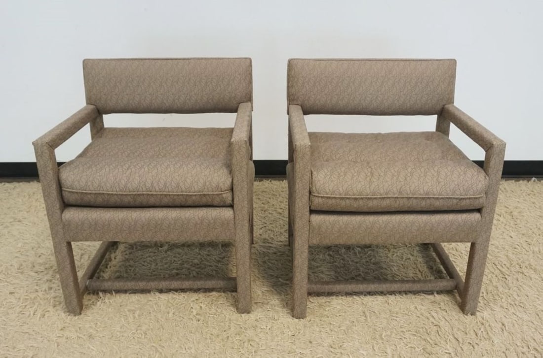 CENTURY CHAIR CO. UPHOLSTERED ARM CHAIRS: 2 MODERN, CENTURY CHAIR CO., UPHOLSTERED ARM CHAIRS WITH TUFTED SEATS, EACH APPROXIMATELY 24 IN X 20 IN X 31 IN H