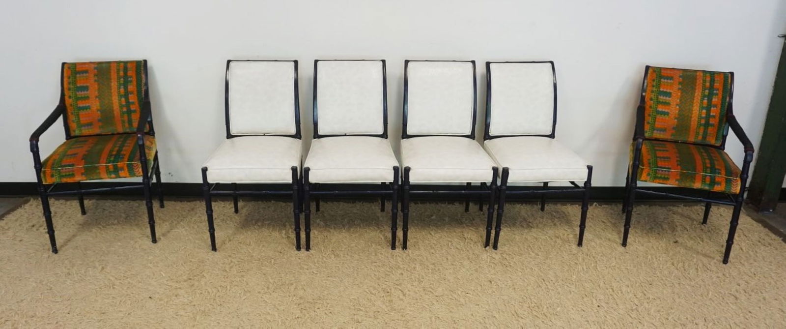 SET OF EBONIZED WOOD FINISH DINING CHAIRS: SET OF 6 EBONIZED WOOD FINISH DINING CHAIRS, 2 UPOLSTERED ARM, 4 OSTRIAN LEATHER SIDE CHAIRS