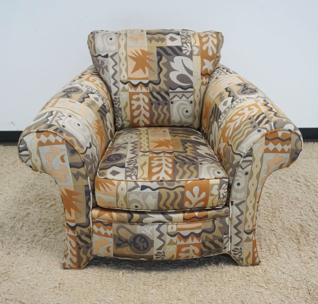 CARTER MODERN UPHOLSTERED ARM CHAIR: CARTER MODERN UPHOLSTERED ARM CHAIR, APPROXIMATELY 42 IN X 38 IN X 31 IN H