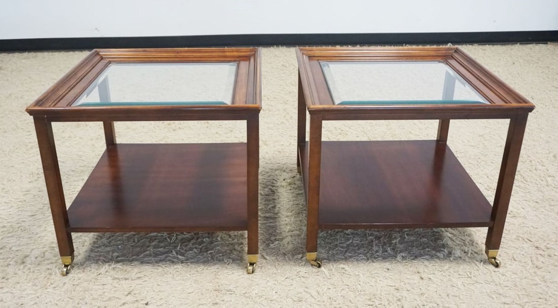 SHERRILL OCASSIONAL LAMP TABLES: SHERRILL OCASSIONAL LAMP TABLE WITH INSET GLASS TOPS AND BRASS CASTERS, EACH APPROXIMATELY 24 IN SQ X 21 IN H