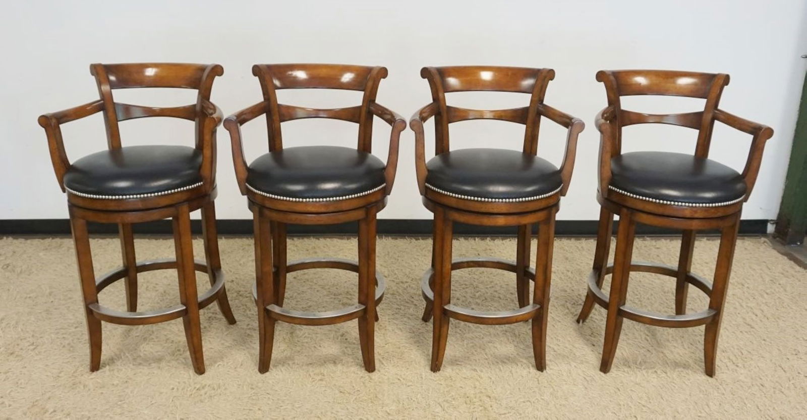 WOOLBRIDGE FURNITURE SWIVEL BAR STOOLS: 4 WOOLBRIDGE FURNITURE SWIVEL BAR STOOLS, EACH APPROXIMATELY 24 IN X 22 IN X 43 IN H