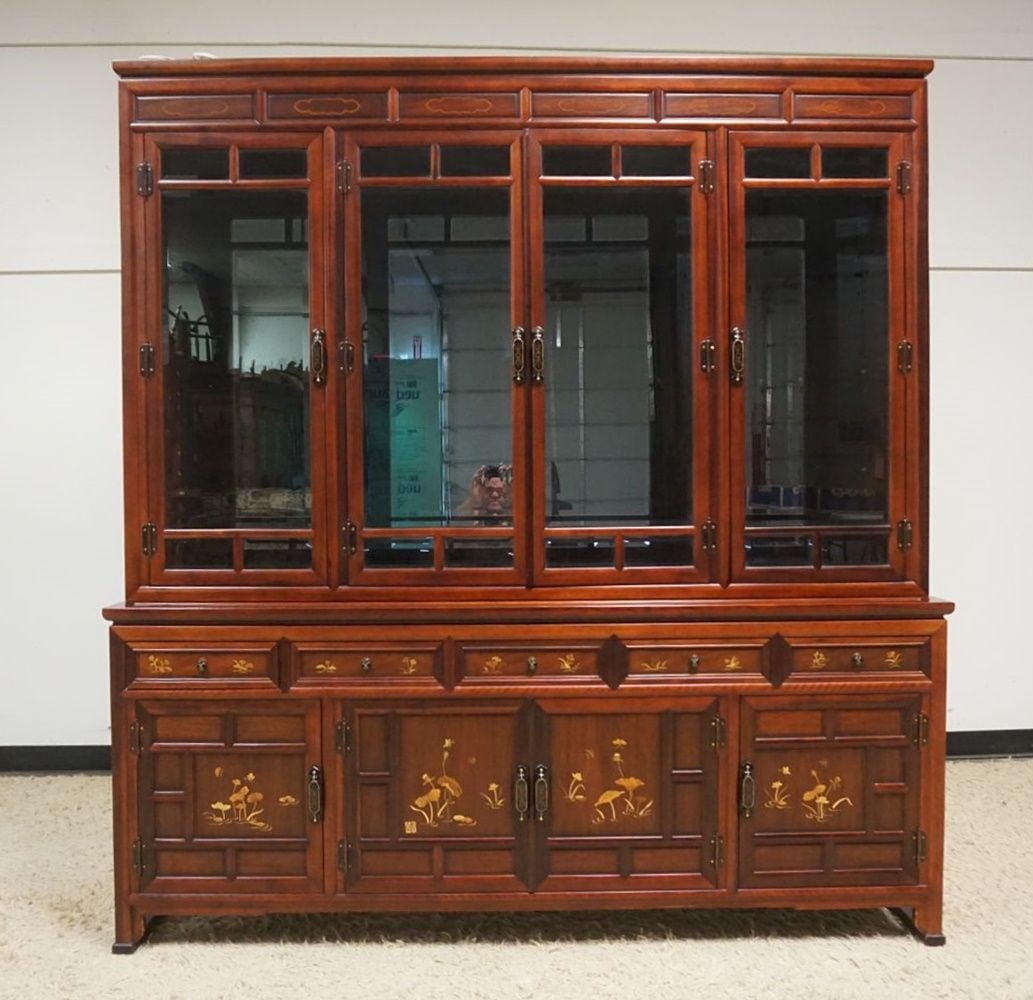 ROSEWOOD ASIAIN BREAKFRONT: ROSEWOOD 2 PART ASIAN BREAKFRONT WITH CARVED PULLS, INLAY DRAWER AND DOOR FRONTS, BEVELED GLASS DOOR AND LIGHTED INTERIOR, CHARACTER MARK SIGNED, APPROXIMATELY 72 IN X 18 IN X 77 IN H
