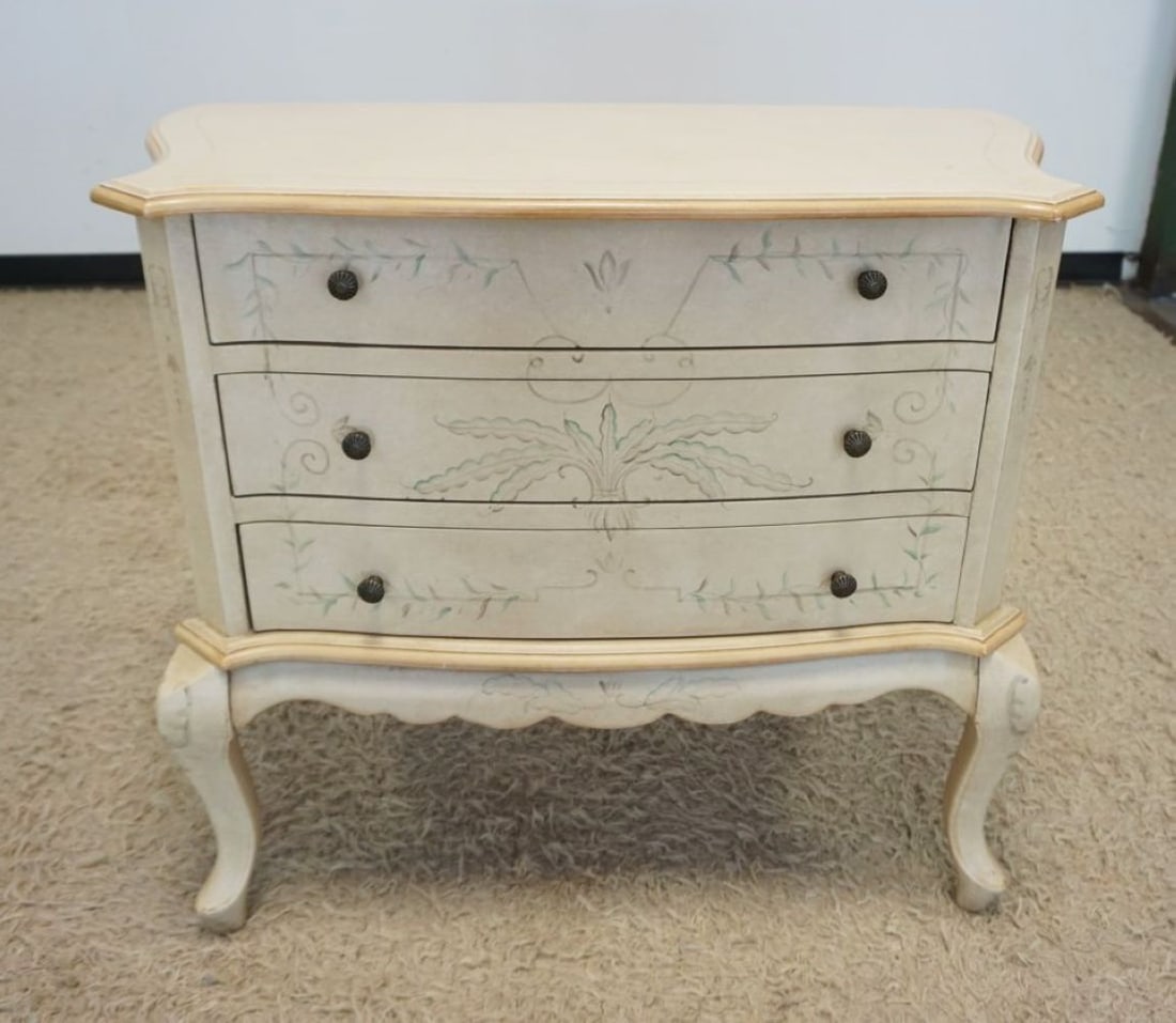 BALLARD DESIGNS IVORY FINISH CHEST: BALLARD DESIGNS IVORY FINISHED 3 DRAWER CHEST WITH VINE AND PLANT ACCENTS, APPROXIMATELY 30 IN X 18 IN X 32 IN H