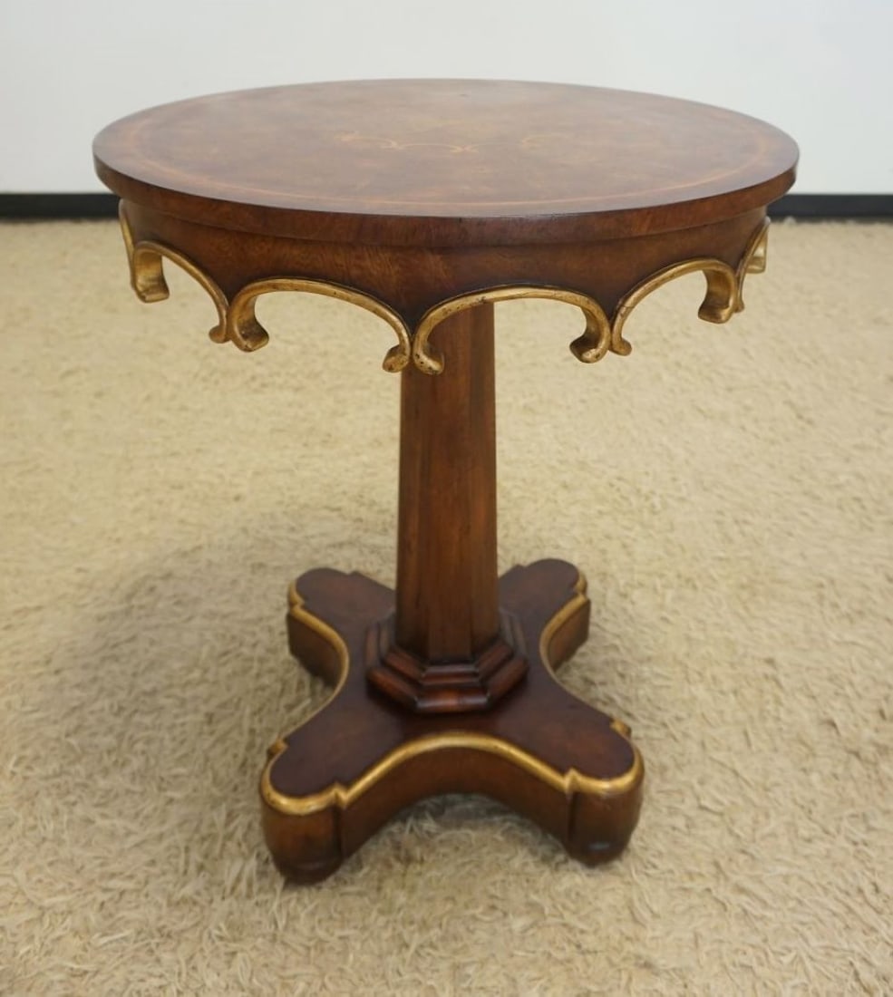 JOHN RICHARDS INLAID PEDISTAL TABLE: JOHN RICHARDS INLAID PEDISTAL TABLE WITH GILT FINISHED ACCENTS, APPROXIMATELY 34 IN X 29 IN H