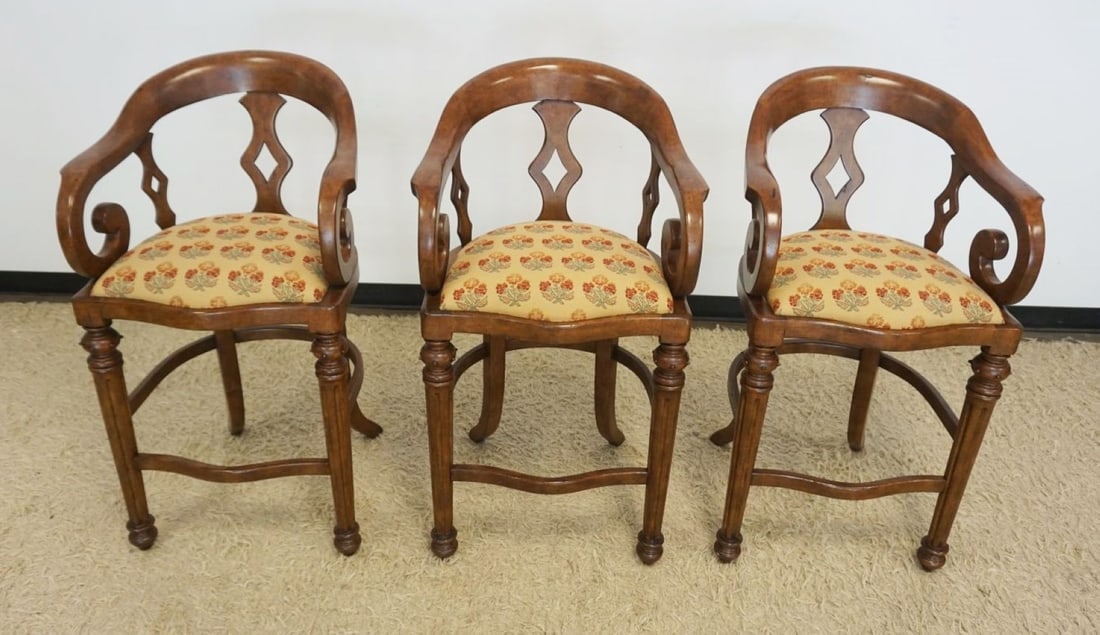 MINTON SPIDELL BAR STOOLS: MINTON SPIDELL SET OF 3 CURVED ARM BAR STOOLS WITH FLUTED LEGS AND UPHOLSTERED SEATS, EACH APPROXIMATELY 24 IN X 21 IN X 43 IN H