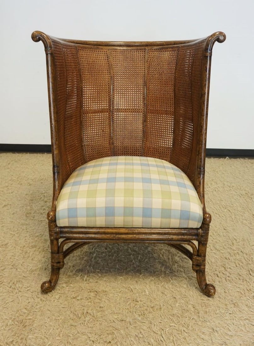 MAITLAND SMITH CANE PORTERS CHAIR: MAITLAND SMITH CANE PORTERS CHAIR WITH UPHOLSTERED SEAT, APPROXIMATELY 33 IN X 27 IN X 46 IN H, SOME LOSS TO CANE