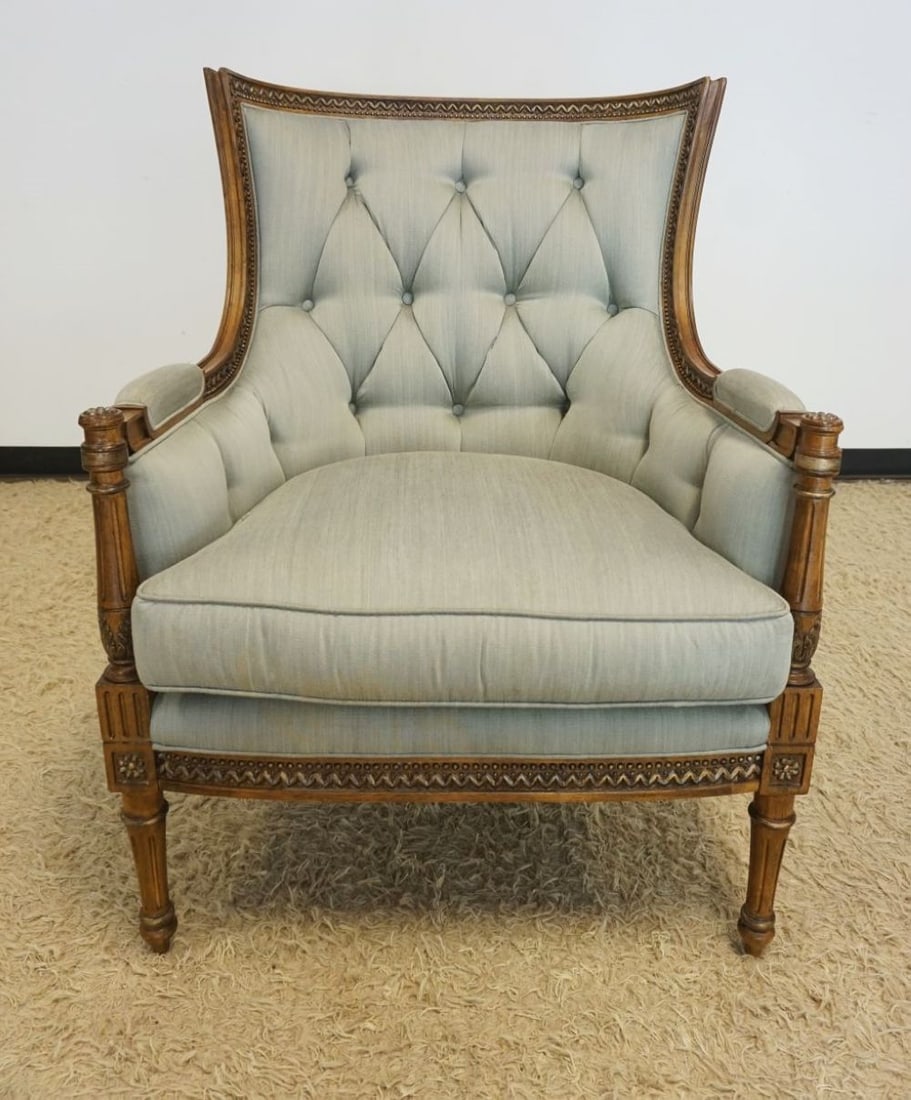 CENTURY UPHOLSTERED BERGERE ARM CHAIR: CENTURY TUFTED BACK UPHOLSTERED BERGERE ARM CHAIR, APPROXIMATELY 22 IN X 30 IN X 43 IN H