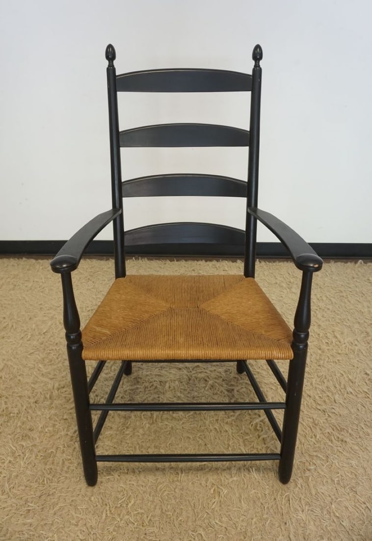 ETHAN ALLEN SHAKER STYLE ARM CHAIR: ETHAN ALLEN SHAKER STYLE LADDER BACK ARM CHAIR WITH RUSH SEAT