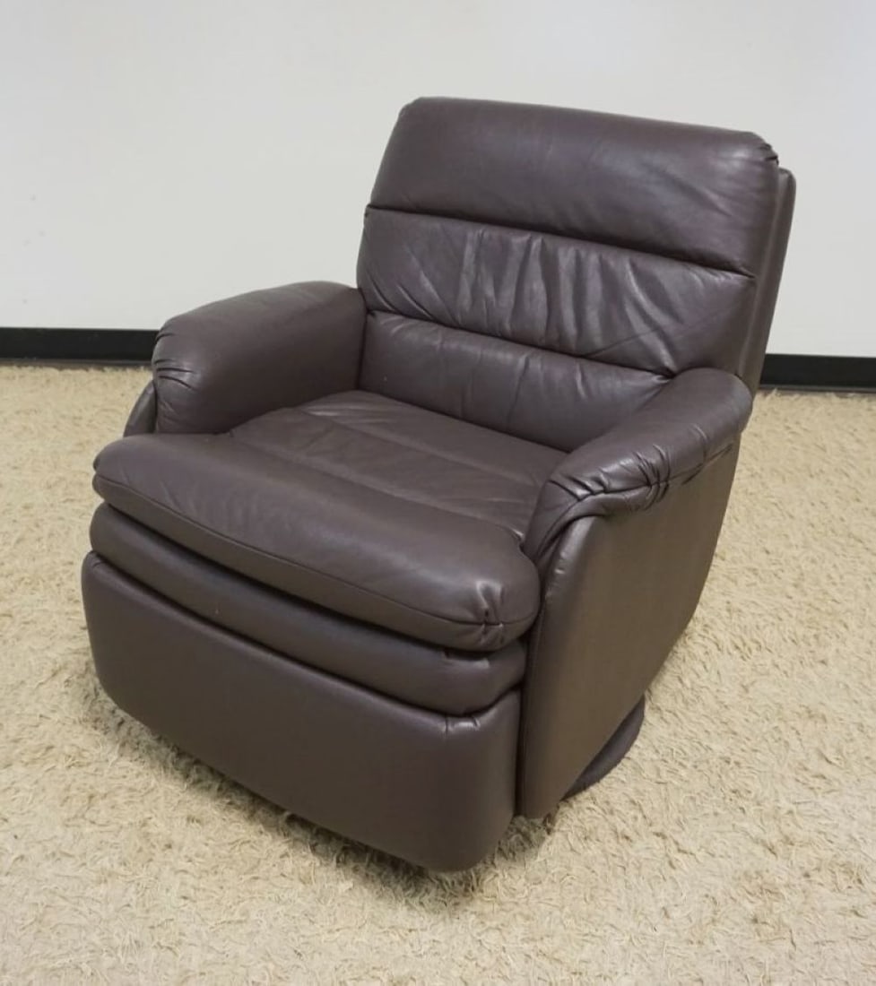 LEATHER BARCALOUNGER: BARACALOUNGER, BROWN LEATHER SWIVEL RECLINER WITH EXTENDING HEAD REST, APPROXIMATELY 32 IN X 34 IN X 31 IN H