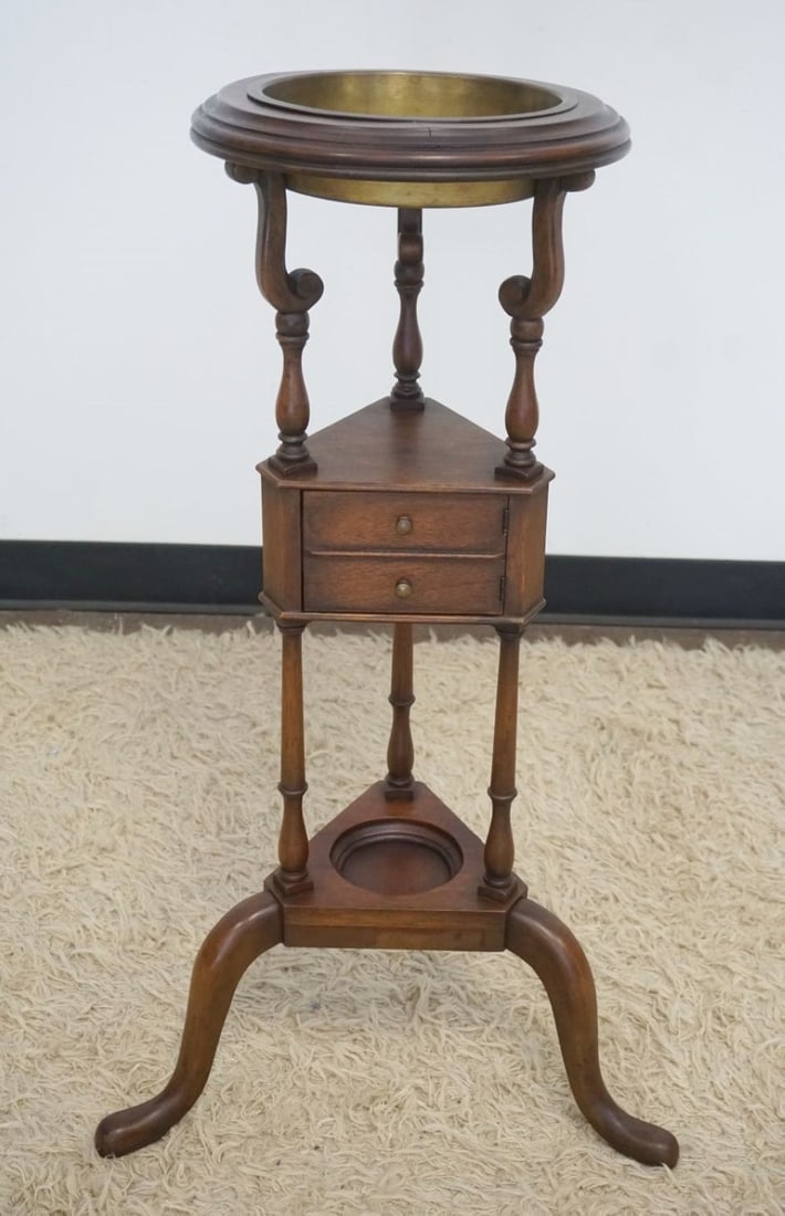 BAKER FURNITURE MAHOGANY PLANT STAND: BAKER FURNITURE MAHOGANY PLANT STAND WITH BRASS LINER AND 1 DOOR COMPARTMENT CENTER, APPROXIMATELY 12 IN X 33 IN H