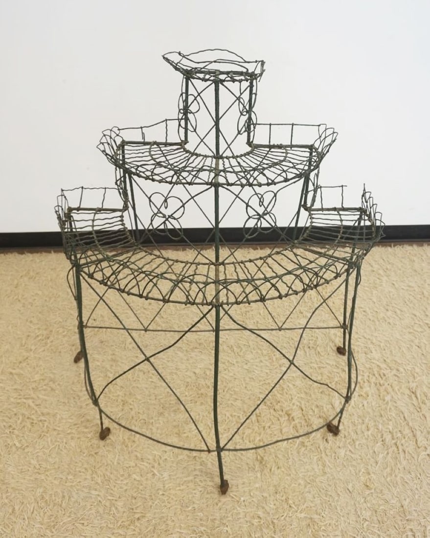 VICTORIAN WIRE HALF ROUND PLANT STAND: VICTORIAN WIRE HALF ROUND 3 TIER PLANT STAND, APPROXIMATELY 40 IN X 24 IN X 45 IN H