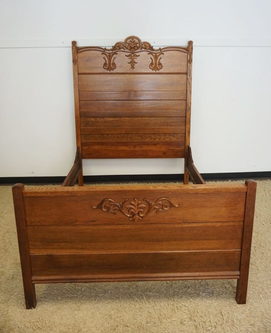 ANTIQUE OAK HIGH BACK BED: ANTIQUE OAK HIGH BACK BED WITH APPLIED CARVINGS, APPROXIMATELY 57 IN X 77 IN X 75 IN H