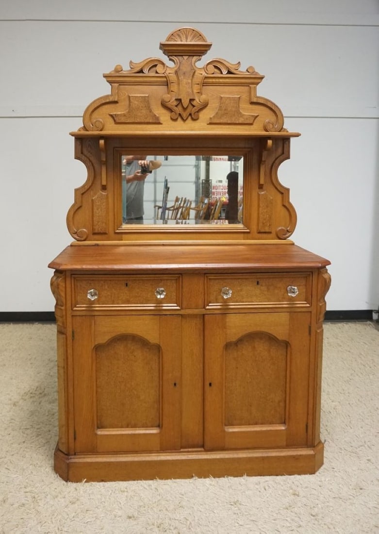VICTORIAN WALNUT MIRROR BACK SERVER: VICTORIAN WALNUT MIRROR BACK SERVER HAVING BURL WOOD DRAWER AND DOOOR FRONTS, APPROXIMATELY 48 IN X 21 IN X 80 IN H