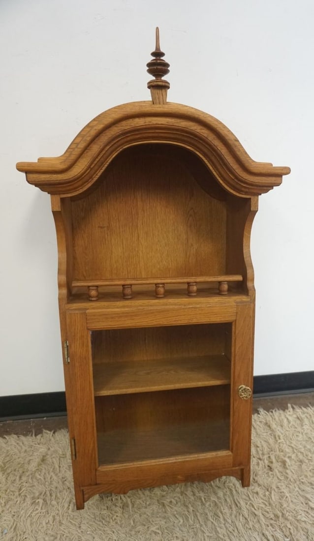 OAK HANGING CUPBOARD: OAK HANGING CUPBOARD WITH 1 DOOR AND OPEN ARCHED TOP WITH GALLERY, APPROXIMATELY 22 IN X 11 IN X 44 IN H