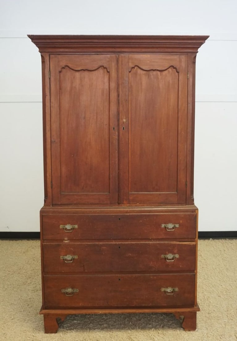ANTIQUE LINEN PRESS: ANTIQUE LINEN PRESS WITH STOP CHAMFERED REEDED SIDES, HAND DOVETAILED CASE AND DRAWERS ON HIGH BRACKET FEET, PULLS NOT ORIGINAL, SOME LOSS TO TRIM, APPROXIMATELY 47 IN X 21 IN X 63 IN H