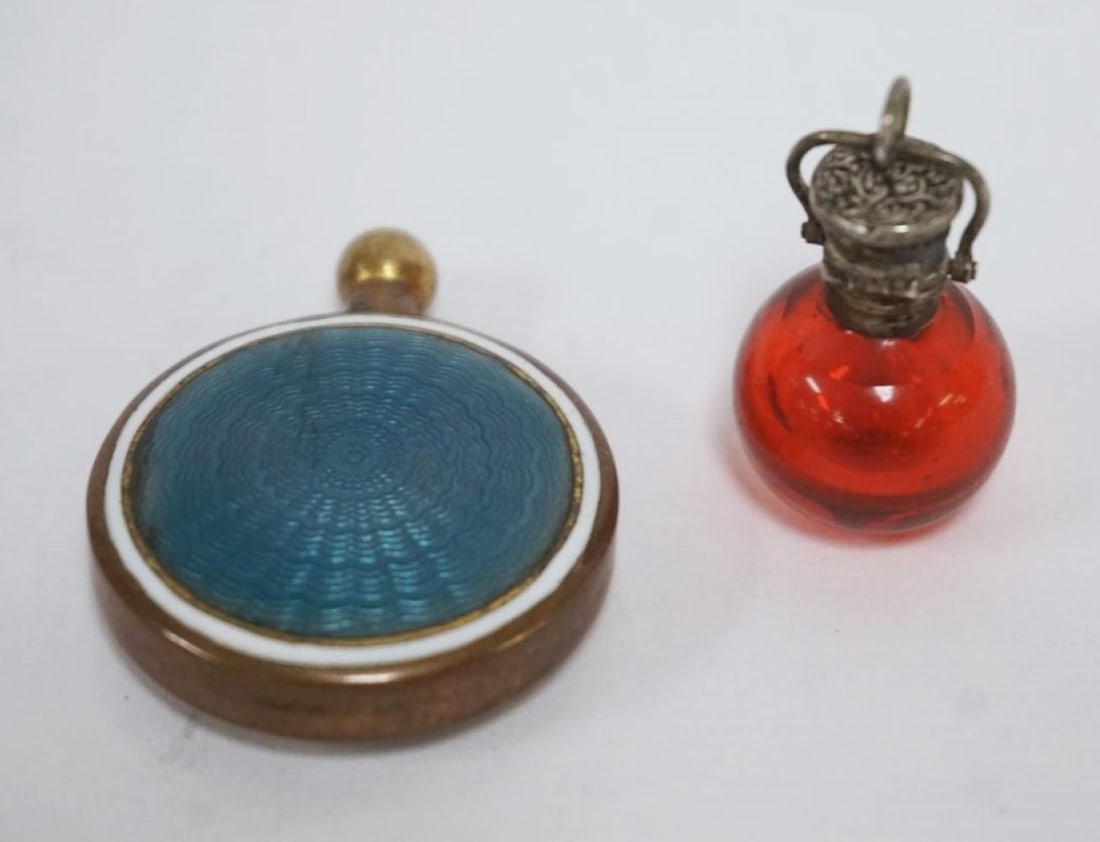 MINIATURE PERFUMES: MINIATURE PERFUMES, ONE CLOISONNE APPROXIMATELY 1 3/4 IN & RUBY RED W/SILVER TOP APPROXIMATELY 1 IN HIGH