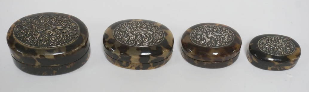 ANTIQUE OVAL NEST OF 4 TRINKET BOXES: ANTIQUE OVAL NEST OF 4 TRINKET BOXES W/ORNATE REPOUSSE METAL TOPS, LARGEST APPROXIMATELY 3 IN X 2 1/2 IN X 1 1/2 IN HIGH