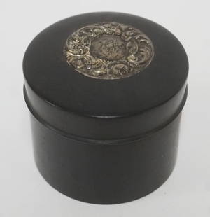 ANTIQUE FRENCH EBONY ROUND BOX: ANTIQUE FRENCH EBONY ROUND BOX W/STERLING SILVER REPOUSSE INSET TOP, COVERED BOX, SC & CO, APPROXIMATELY 2 1/4 IN X 1 3/4 IN