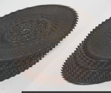 ROUND GUTTA-PERCHA COVERED BOX: ROUND GUTTA-PERCHA COVERED BOX, APPROXIMATELY 3 IN X 1 IN HIGH