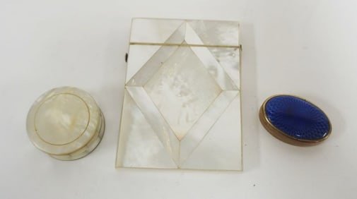 MOTHER OF PEARL CARD CASE, SNUFF BOX, ETC
