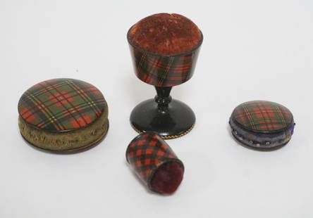 SCOTTISH TARTANWARE ASSORTMENT OF PIN CUSHIONS: SCOTTISH TARTANWARE ASSORTMENT OF PIN CUSHIONS, LARGEST APPROXIMATELY 2 1/2 IN TALL