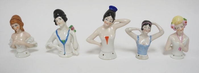 GROUP OF 5 VINTAGE GERMAN PORCELAIN HALF DOLLS