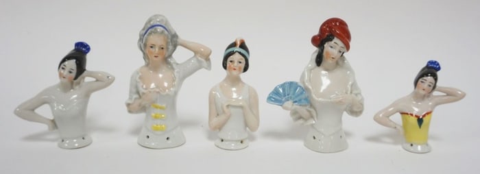 GROUP OF 5 VINTAGE GERMAN PORCELAIN HALF DOLLS