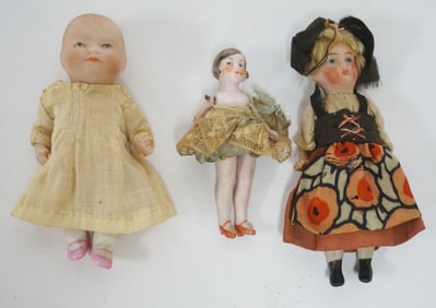 GROUP OF 3 MINIATURE ANTIQUE BISQUE DOLLS