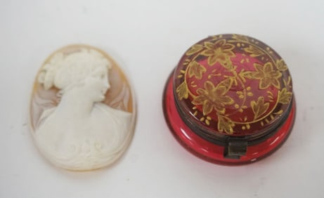 VICTORIAN CRANBERRY GLASS TRINKET BOX, ETC