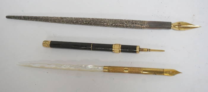 GROUP OF ASSORTED ANTIQUE WRITING INSTRUMENTS: GROUP OF ASSORTED ANTIQUE WRITING INSTRUMENTS INCLUDING STERLING SILVER INK PEN, JE COWELL CO, & MOTHER OF PEARL PEN, LONGEST APPROXIMATELY 7 1/8 IN
